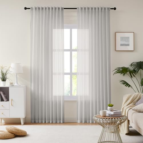 Melodieux Halbtransparent Gardinenschals mie Haken - Voile Vorhänge mit Kräuselband Schienen fur Modern Wohnzimmer Schlafzimmer, Vorhang Durchsichtig Grau, 245×137cm (H×B) 2er Set