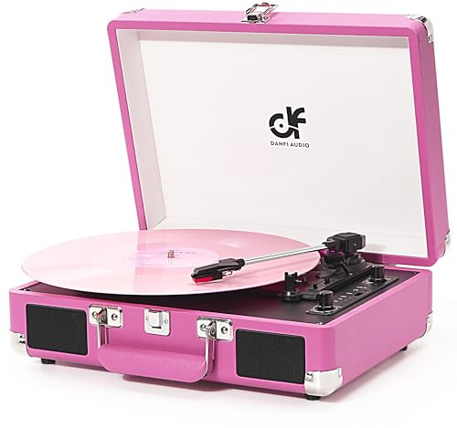 Vintage Hot Pink Suitcase Record Player with Built-in Stereo Speakers, Belt-Driven 3-Speed Turntable with Bluetooth in, USB Recording, RCA AUX Headphone Jack