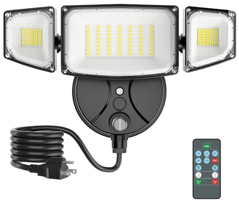 iMaihom 100W Dusk to Dawn Outdoor Lighting, 10000LM Plug in Flood Lights with Remote Control, 2 Modes IP65 Waterproof Led Exterior Security Light with Photocell, 6500K Floodlight for Yard Garage Black