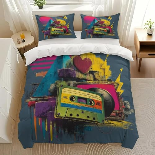 YDVZYWBL Retro Cassette Shapes Bedding Comforter Sets Bedding Set 3 Pieces (1 Duvet Cover 2 Pillowcases) with Zipper Closure Lightweight
