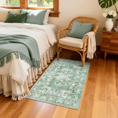 GarveeHome 2x3 Area Rug for Kitchen Machine Washable Floral Rugs for Hallway Non-Slip Low Pile Vintage Floor Carpets Flower Bordered Accent Mats for Bedside Boho Botanical Area Rugs for Entryway Green