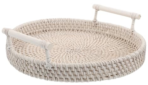LIFKOME Vassoio Rotondo in Rattan Naturale Tessuto con Manici Resistenti Portavivande Versatile per Pane Snack e Asciugamani Organizer per Casa Ristorante e Cucina