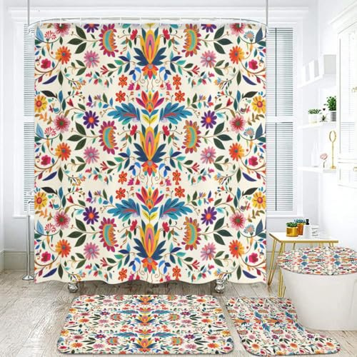 YWZDS 4-Piece Bathroom Set with Shower Curtain, Mexican Folk Art Floral Design, Polyester Bath Mat and Toilet Cover, Multicolor, 70.8x180cm, with 12 Hooks