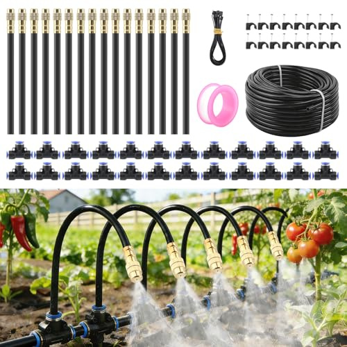 Automatic Drip Irrigation Kits - Garden Watering System with 360° Bendable Spray Adjustable Copper Atomizing Nozzles for Yard, Lawn, Raised Bed, Greenhouse, Potted Plants (24 Nozzles, 100FT Hose)