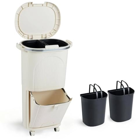 COSTWAY 38 L（12+12+14 L） Pattumiera Differenziata, Secchio Spazzatura a 3 Scomparti con Coperchi, 2 Secchi Rimovibili Pedale e Ruote, Bidoni Differenziata per Bagno Cucina Ufficio