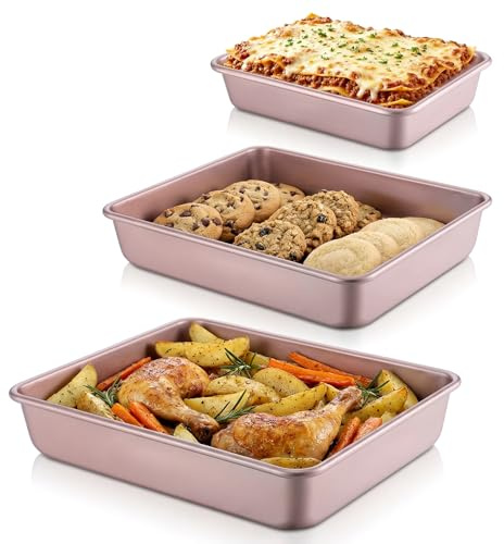 Deep Baking Pans Set of 3, Stainless Steel Sheet Cake Pan Nonstick Rectangle Cake-Baking Sheet, Metal Oven Tray 13/11/9 Inch for Cake Lasagna Brownie Casserole Cookie, Golden