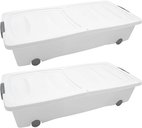 Spetebo Lot de 2 boîtes de rangement XXL avec fermeture à rabat - 40 l - Boîte de rangement à roulettes avec couvercle en deux parties - Blanc - Boîte de rangement universelle avec roulettes