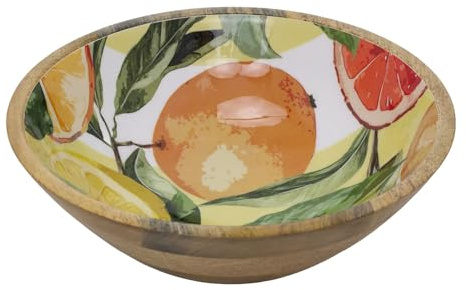 Carousel Home Large Mango Wood Citrus Bowl | 25cm Enamel Orchard Fruit Design Handcrafted Serving Bowl for Fruit, Salad, Pasta or Bread