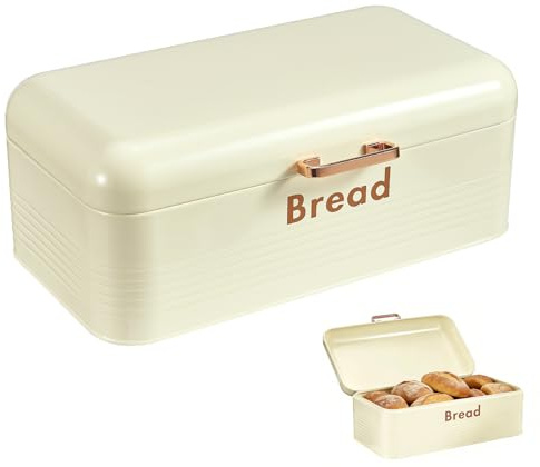 Yuecda large Metal Bread Box, Kitchen Countertop Storage with Hinged Lid Ventilated Back to keep Contents Fresher for longer(off white and Rose Gold)