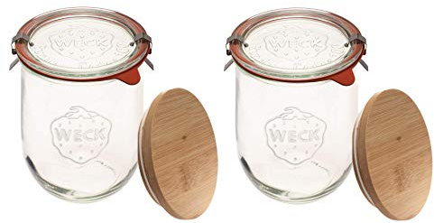 Weck Jars - 33.8 fl. oz Weck Tulip Jars 1 Liter - Sour Dough Starter Jars - Large Glass Jars for Sourdough Suitable for Canning and Storage - (2 Jars, Glass Lids & Wooden Lids)