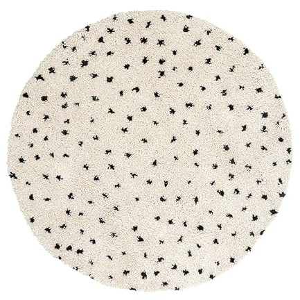 Teppich Hochflor Rund - Grand Dots Creme Schwarz - Ø 100 cm | Symmetrische, Punkte - Industrielle, Modern, Skandinavisch - Wohnzimmer, Esszimmer, Schlafzimmer - Fellteppich