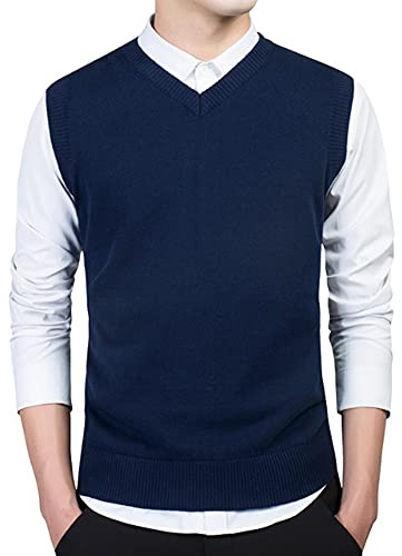 MANBOZIXi Maglioni Senza Maniche da Uomo Gilet in Maglia con Scollo a V, Blu 2XL