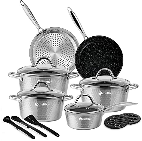 Topfset, Scheffler Topfset Induktion 15-teilig, Töpfe und Pfannen | Geprägtes/strukturiertes Muster Töpfe mit Glasdeckel, Induktionsgeeignet, Edelstahl Griff-Sliver