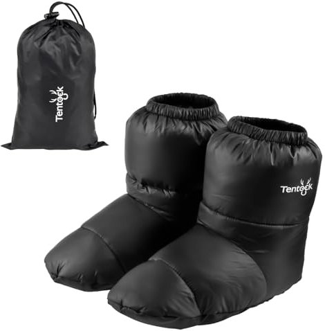 Tentock Bettschuhe & Warme Socken Damen/Herren Daunenschuhe & Moonboots mit Entendaunen & Anti-Rutsch Sohle Winddichte Wasserdichte Hausschuhe mit Wärmesohlen Cozy für Winter Indoor Camping(Schwarz L)
