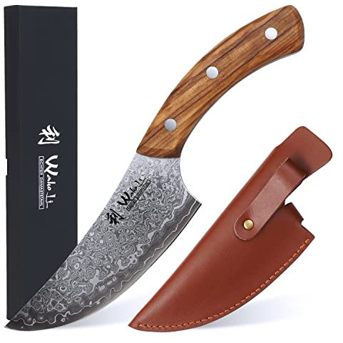 Wakoli Kleines Chefmesser 13 cm I Scharfes Damast Küchenmesser mit AUS-10 Kern I Profi Kochmesser mit Olivenholzgriff & Klingenschutz aus Leder I Hochwertiges Messer in edler Geschenkbox