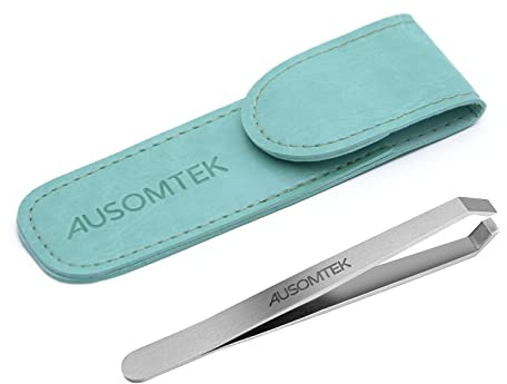 AUSOMTEK Beard Tweezers, White Hair Plucking Tool, Stainless Steel, Fine Hair Removal, Eyebrows Shaping, 5mm Flat Tip, Cyan PU Case 1Pack