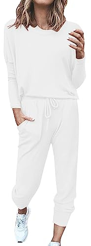 TDEOK Tuta da Ginnastica da Donna Taglie Forti - Set di Abbigliamento da Casa in Cotone Pigiama 2 Pezzi Outfit da Ragazza per Primavera Sportivo Tuta Lunga Felpa + Pantaloni da Jogging, bianco, M