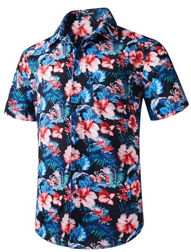 Enlision Hawaii-skjorta, kortärmad, herr, funky Hawaii-skjorta, ledig, strand, palmer, surftryck, button-down-skjorta för semester, sommar, Aloha, J06-röd/kungsblå, M