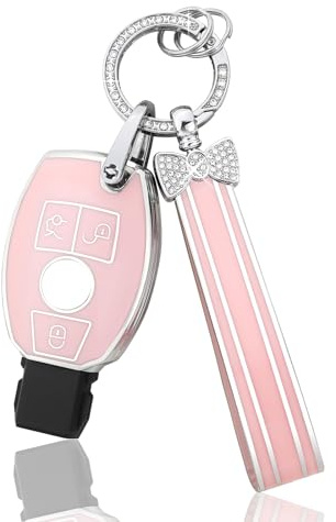 BLINGOOSE Autoschlüssel Hülle für Mercedes Benz 3 Tasten Rosa TPU Bling Auto Schlüsselanhänger Zubehör Schlüsselhülle Schutz für Benz AMG GLC GLA CLA GLS GLE GLC C 300 G E S ML Klasse Damen Girly