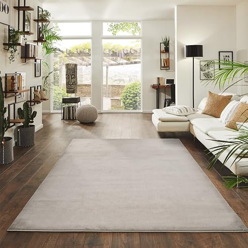 Jimri Flauschiger Teppich Läufer - Hochwertiger Kurzflor für Zuhause, Büro, Küche, Eingang, Flur, Wohnzimmer - Maschinenwaschbar - Rutschfester Teppich Waschbar - 140x200 cm - Beige