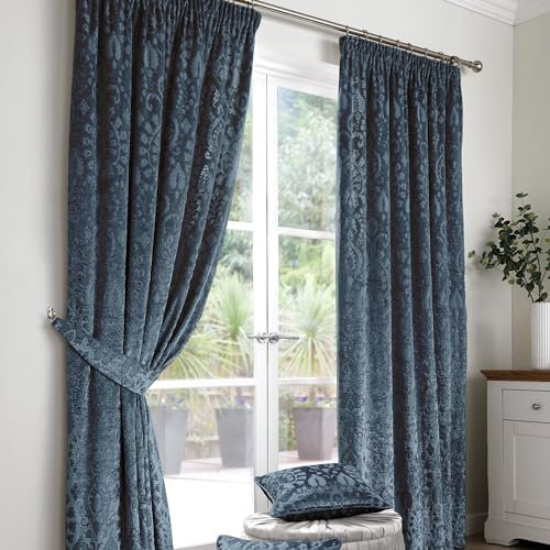 Curtina - Navy Velvet Damask Curtains W90 x L90 (229 x 229cm) - 2 Tie Backs Included - Luxury Curtains & Drapes