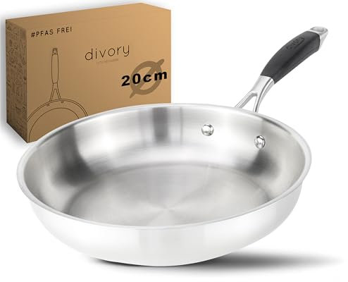 DIVORY Edelstahlpfanne 20 cm PURA Induktion I unbeschichtete Pfannen, kleine Pfanne Edelstahl für alle Herdarten I Induktionspfanne ohne Beschichtung, stainless steel pan (20cm, unbeschichtet)