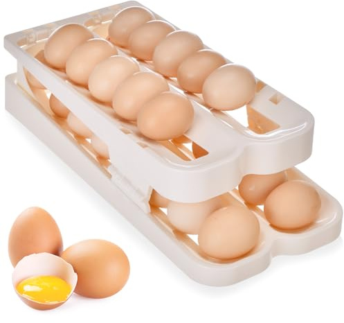 GGXZHT Hueveras para Frigorífico, Dispensador de Huevos para Nevera, Organizador de Huevos, Rodante Encimera de 2 Nivele y 2 filas para 24-28 Huevos