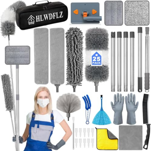 HLWDFLZ Microfiber Duster Kit 25pcs with 30 to 100 Inches Extension Pole and Baseboard Cleaner Tool, Washable and Bendable Feather Duster for Cleaning Ceiling Fans, High Ceilings, Cobwebs, Blinds,Grey