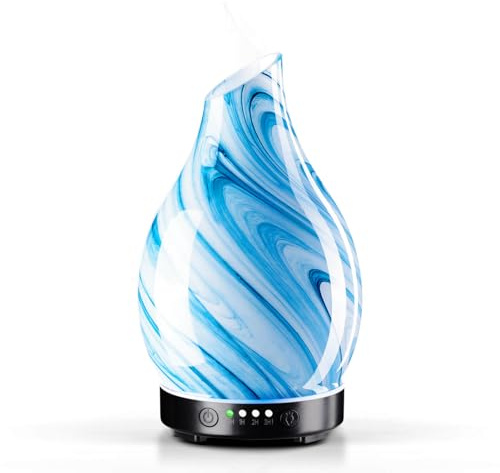 Porseme Aroma Diffuser 150ml,Handgeblasen Glas Diffuser für Ätherische Öle, Luftbefeuchter mit Timer Ultraschall Cool Mist Leise,7 Arten LED Lichtfarben,Wasserlos Auto-Off Defuser für Heim (Blue Ink)