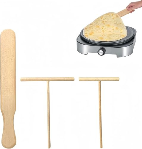 3er-Set Crêpes-Spender aus Buchenholz, Crêpe-Fixier-Set, T-förmige Crêpe-Spulen, leicht zu reinigender Teigspender für Crêpe-Zubehör, Crêpe-Schieber-Backwerkzeug für Crêpe-Pfannen