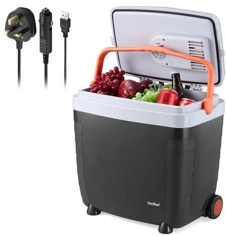 VonShef 28L Electric Cool Box, Large Insulated Cooler Box with Wheels, Hot & Cold Function, Three Power Options (3-Pin 240v Wall Plug, USB & 12v Car Plug), Removable Lid, Festival Camping Accessories