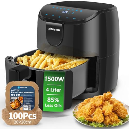Aigostar Freidora de aire 4L Con Papel Freidora Aire 100 Unidades, 8 programas, Temporizador de 60 minutos, pantalla LED táctil, precalentamiento rápido, Recordatorio de agitación, Libre BPA, 1500W