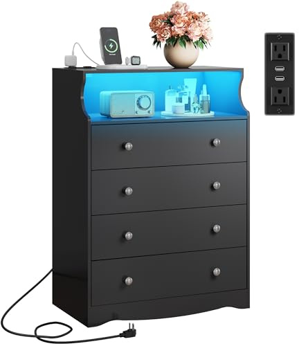 WLIVE Black LED Dresser for Bedroom, Tall Wood Dresser with 4 Drawers and Open Shelf, Chest of Drawers with Power Outlet for Living Room, Hallway, Closet