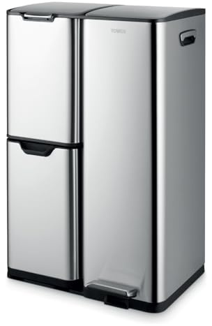 Tower Recycling Pedal Bin, Three Individual Compartments with Removable Inner Buckets, Carbon Steel Body, 60L, Silver