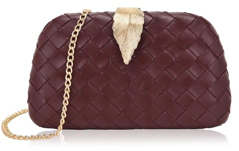 Milisente Clutch-Taschen für Damen, gewebtes PU-Leder, Hochzeit, Abendtasche, Metallic-Blatt-Verschluss, Burgunderrot