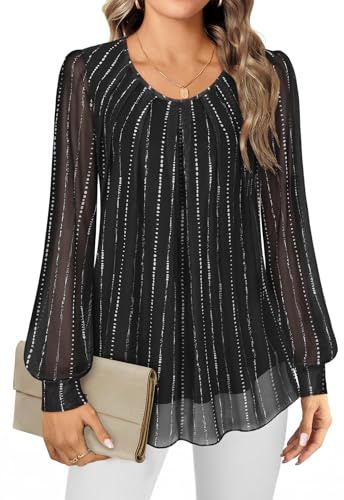 Gemulate Tunic Tops for Women UK Elegant Blouses Long Sleeve Chiffon Plus Size Ladies Tops Loose Flowy Round Neck Chiffon Top Double Layers Mesh T Shirts Black Chain XXL