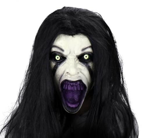 SelfTek Halloween masker skräck – halloween skräck mask med hår för vuxna, läskig kvinnlig spökmask, latex andas, realistisk skrämmande mask för halloween, karneval, maskbollar