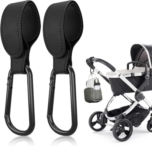 2 PCS Pram Hooks - PU Leather Pram Clips - Pram Bag Clips for Strollers - Suitable for Backpacks, Diaper Bags, Shopping Bags - Ideal for Outdoor Use(Black)