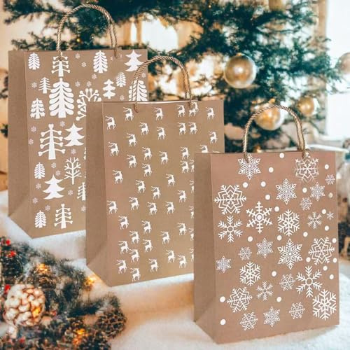 Geschenktüten Weihnachten, 6 Stück Weihnachtstüten Groß Papiertüten Weihnachten Geschenktaschen kraft Papier Tüten Mit Henkel Geschenkanhänger, Zum Befüllen Geschenk Süßigkeiten 42x31x10cm