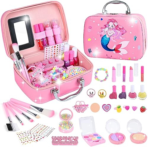 Maquillage Enfant Filles, Lavable Malette Maquillage Jouet pour Enfant, Coffret de Princesse Fille Makeup Set Cadeau de Noël Anniversaire Jouet pour Fille 3 4 5 6 7 8 9 10 11 Ans