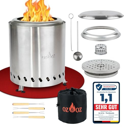 Oz & Oz Tischfeuer - Raucharmer Tischkamin für Pellets und Holz Rauchfrei Feuerstelle Feuerschalen für den Garten Outdoor Gartendeko Feuerkorb Terrassenofen Garten Deko Draußen, Silber, 26 cm