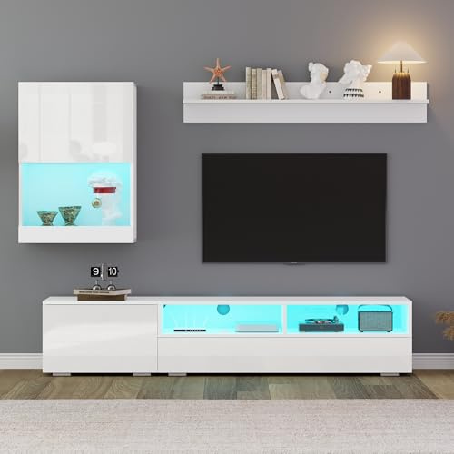 A ALFRESCOOL Mueble de salón, mueble de TV, juego de muebles de salón (juego completo, 3 unidades), mesa de TV (vitrina, LED, alto brillo), estantería de pie o de pared (de pie o colgante), para TV de