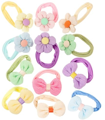 SOPOTUTU 12 Stück Teiliges Haargummi Mädchen Weiche Elastische Haarbänder mit Blumen Schleifendekor Schonend für Junge Mädchen und Kleinkinder für Pferdeschwanz und Vielseitigen