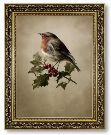 Vintage Framed Red Robin Bird Canvas Print ArtVintage Exquisite Art Print Painting PicturesChristmas Wall Art Wall Decorationfor Living RoomBedroomHome Decor (Retro Framed,24L x32W)