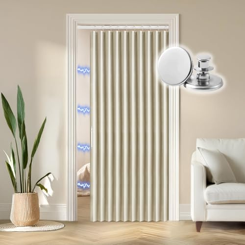 RINHARTEX Blackout Folding Door Curtain Magnetic Sliding Door for Closet Pleated Concertina Doorway Curtain Accordion Door Interior Room Divider Bedroom Living Room(42x78,Khaki)