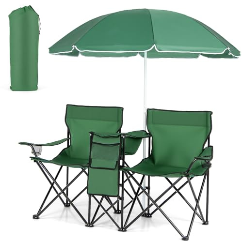 KOMFOTTEU Silla de Camping Plegable con Sombrilla, Silla de Pesca de 2 Plazas con Portavasos y Bolsa Nevera, Asiento Portátil con Bolsa de Transporte, Silla Doble de Playa, Picnic (Verde)