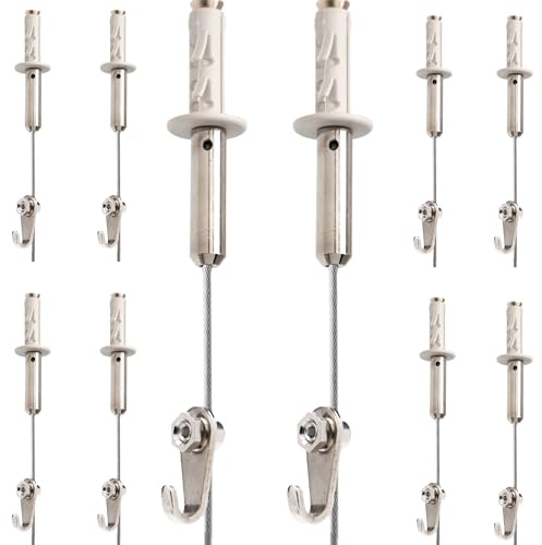 Gancho para colgar cuadros | Gancho RM con ajuste manual | Cable de acero de 2 m | Altura regulable sin herramientas | Soporta hasta 15 kg | Incluye taco expansivo - 10 unidades