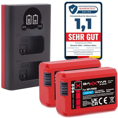 Baxxtar Pro NP-FW50 Akku (2X echte 1080mAh) mit Mini USB LCD DUAL Ladegerät (USB-C und MicroUSB) für Sony ZV-E10 A6000 A6100 A6300 A6400 A6500 A7 A7II A7R A7RII A7S A7SII A5100 A5000 RX10 NEX usw. | Kompatibel mit Alpha 7 7R 7II 7S A5000 A6000 A6300 A6400 A6500 ZV-E10 DSC RX10 Mark I-IV RX1R III DSC-RX1RM3