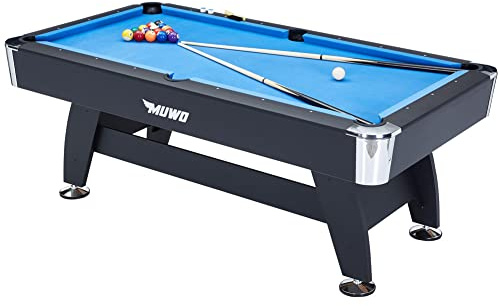 MUWO Winner Gold Billardtisch inkl. einem Satz Kugeln, mit Aufbaudreieck, 2 Queues, mit Kreide und einer Bürste. Tisch im Original-Stil mit den Maßen 214 cm x 112 cm x 81 cm und einem Gewicht von 95 kg