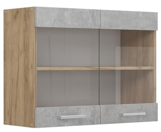 Vicco Küchenglasschrank R-Line, Beton, 80 cm | 2 Türen · 1 Einlegeboden · Tiefe – 31 cm · ✓ Frei kombinierbar · ✓ Alles im Blick